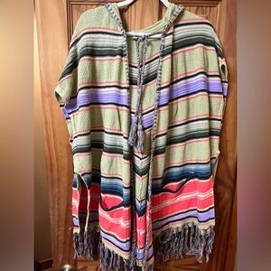 Moth Anthropologie Sweater Jacket Tunic striped fringe with hood tie XS/S boho